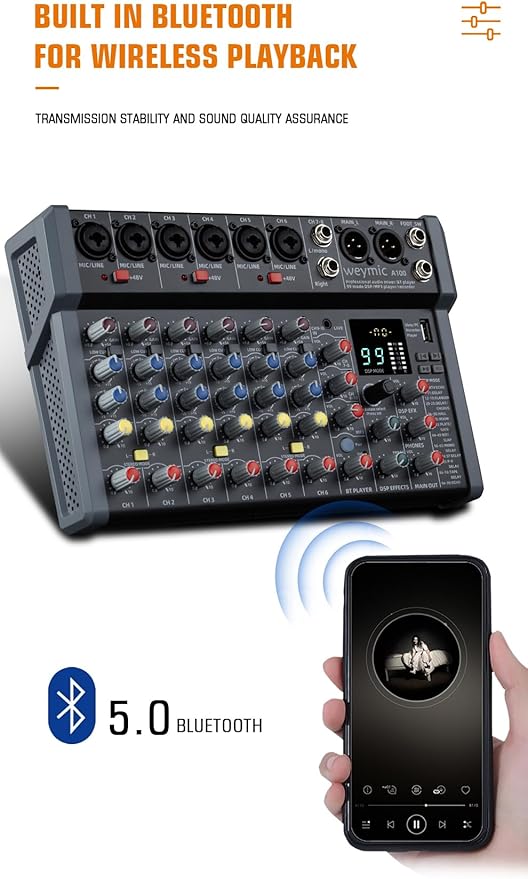 A-Series Professional Mixer for Recording DJ Stage Karaoke Music Application w/ 99 DSP Effect USB Drive for Computer Recording Input, XLR Microphone Jack, 48V Power for Professional (8-Channel)