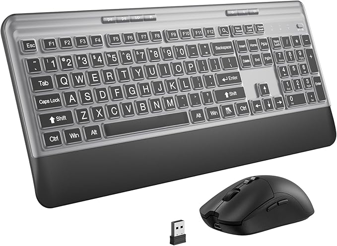 Silent Wireless Keyboard and Mouse Combo - Keyboard with Large Print Cover, 2.4GHz Full-Sized Ergonomic Keyboard with Wrist Rest and Mouse for Laptop, PC, Notebook, Desktop