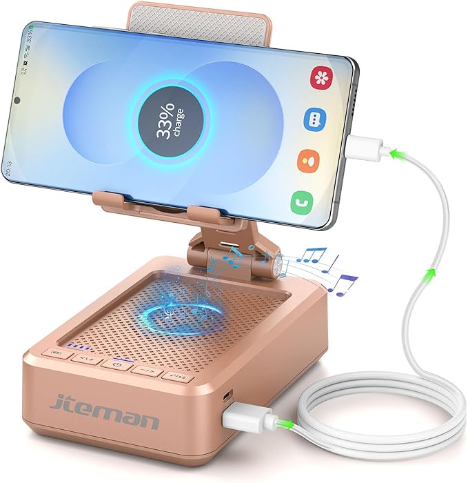 JTEMAN Cell Phone Stand with Bluetooth Speaker and Charging Function,Bluetooth Audio Power Bank Bracket,Birthday Gifts for Men Women,Kitchen Gadgets for Most Phones and Tablets-Rose Gold