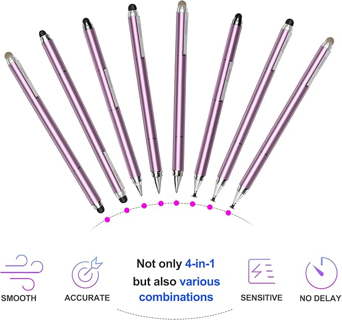 Penyeah 4-in-1 Stylus Pen for Touchscreens, Accurate & Versatile Capacitive Stylus Pen for iPhone,iPad,Android Phones,Tablets- Disc+Rubbe+Mesh Tips Universal for All Touch Screen Devices - Pinky Gold