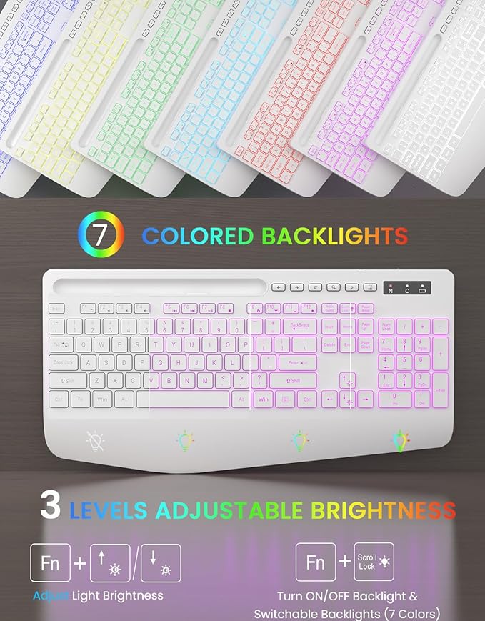 Wireless Keyboard with 7 Colored Backlit, Wrist Rest, Phone Holder, Rechargeable Ergonomic Computer Keyboard with Silent Keys, Full Size Lighted Keyboard for Windows, MacBook, PC, Laptop (White)