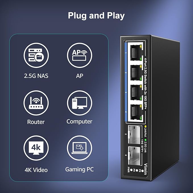 6 Port 2.5G Unmanaged Network Switch, VIMIN 4X 2.5Gbase-T Ports, 2X 10G SFP+ Port, 60Gbps Switching Capacity, IEEE802.3, Metal Housing, Fanless, Work for 2.5Gbps NAS, Wireless AP & PC