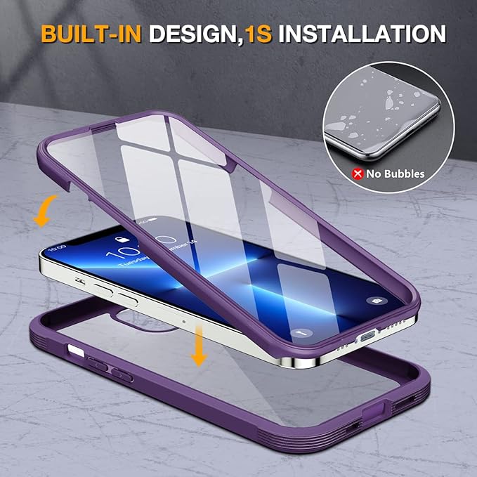Miracase Glass Case for iPhone 13 Pro Max 6.7 inch, Upgrade Full-Body Clear Bumper Case with Built-in 9H Tempered Glass Screen Protector for iPhone 13 Pro Max, Purple