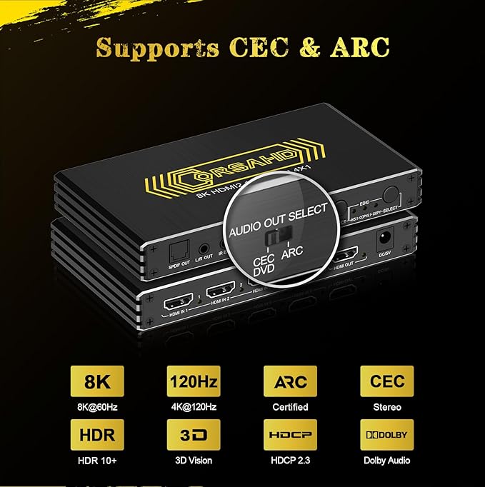 4K@120Hz HDMI 2.1 Switch 4 in 1 Out with Audio Extractor,48Gbps,HDCP 2.3,HDR 10+,ARC,VRR,ALLM,CEC,IR Remote,Optical SPDIF 5.1Ch,AUX L/R 3.5mm 2.1Ch,HDMI Switcher 4x1,4 Port HDMI Selector