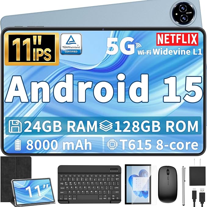 Android 15 Tablet, 11 inch Tablet with Keyboard, 24GB+128GB, 1TB Expand, Octa-Core, 2.4G/5G WiFi, 8000mAh, BT V5.0, GMS Certified, IPS Touch Screen, GPS, 2 in 1 with Case, Mouse, Stylus(Black)