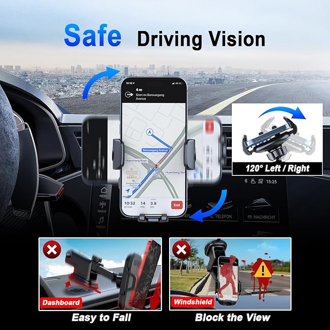 [2025 NEW] Car Phone Holder for Horizontal/Vertical Vent [Upgraded Metal Hook Clip] [Wider Clamp & Fit Thicker Case]Universal Cellphone Stand Car Mount Cradle for iPhone 16 Pro Max 15 14 13 SE Android