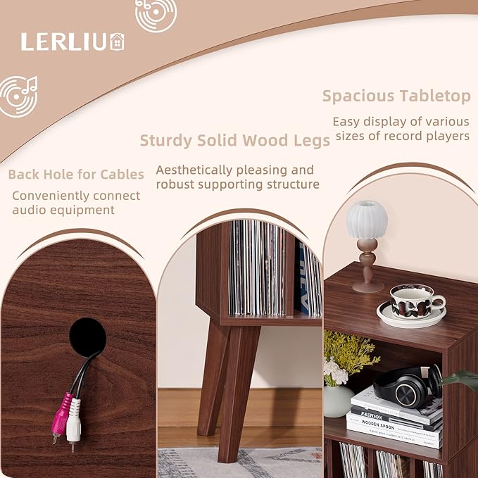 Lerliuo Record Player Stand, Walnut Turntable Stand Holds up to 160 Albums, Mid-Century Vinyl Storage Cabinet Table with Solid Wood Legs, Record Player Holder Dispaly Shelf for Bedroom Living Room