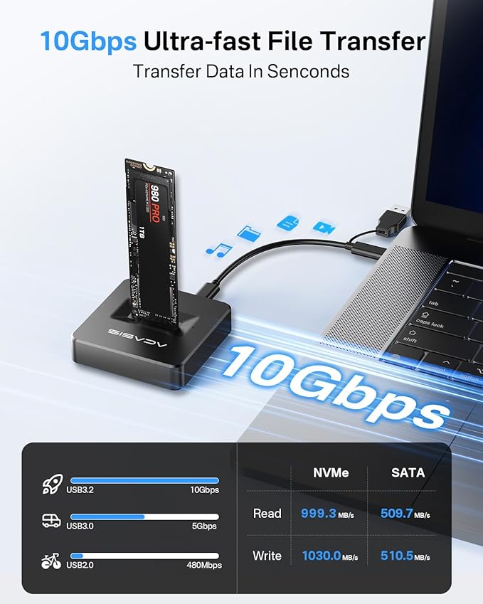 ACASIS NVME SSD Reader Adapter, Aluminium Alloy Housing Fast Heat Dissipation, NVME to USB Docking Station, M.2 SSD to USB Adapter 10Gbps, Support M.2 (M Key) NVMe SSD and (B+M Key) SATA-Based SSD