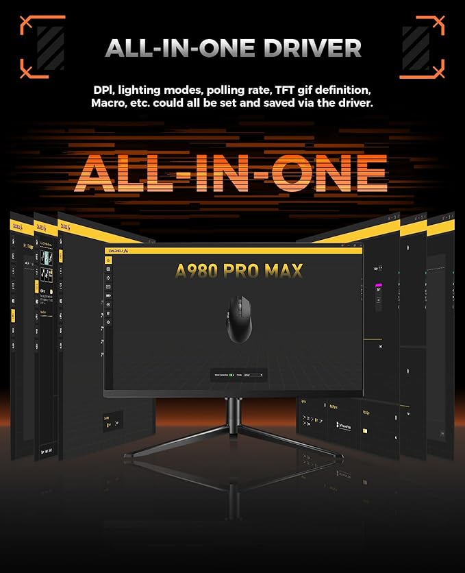 DAREU A980PROMAX Wireless Gaming Mouse-4K/8K Polling-30K DPI Optical Sensor-0.85' TFT Color Display-Magnesium Alloy Buttons-2.4G Wireless/BT/USB Connectivity-Nano Receiver Included