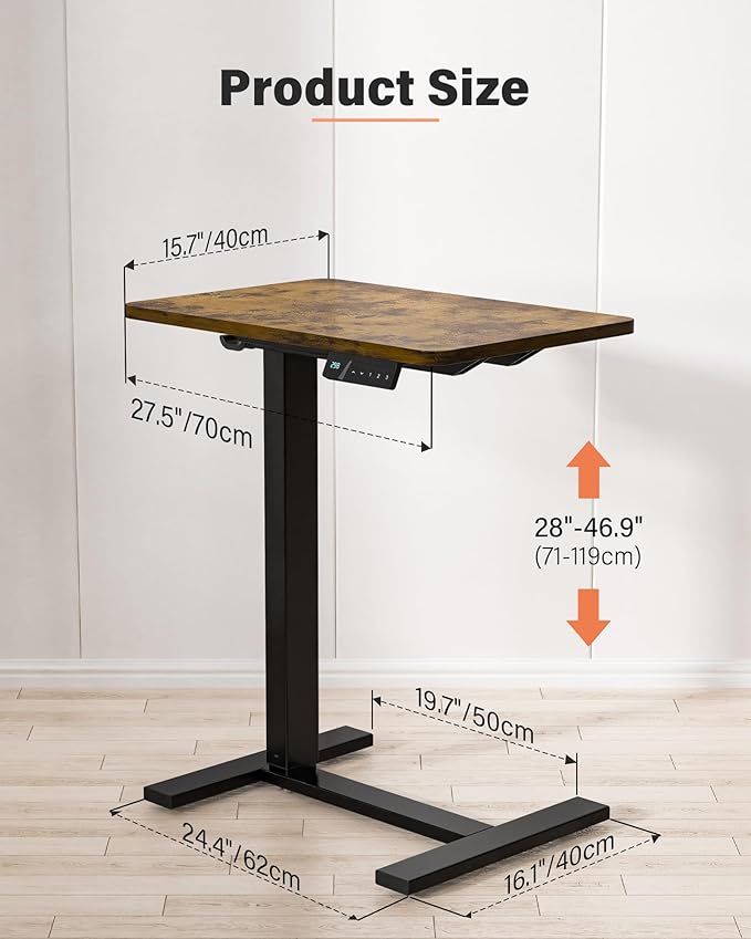 Mobile Standing Desk with Wheels - Electric Height Adjustable Small Movable Laptop Desk, Portable Rolling Computer Sit Stand Side Table for Home Office, Sofa&Bedside Use (27.6",Rustic Brown)
