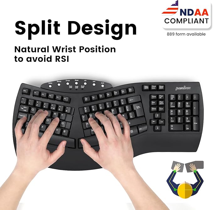 Perixx Periboard-612B Wireless Ergonomic Split Keyboard with Dual Mode 2.4G and Bluetooth Feature, Compatible with Windows 10 and Mac OS X System, Black, US English Layout