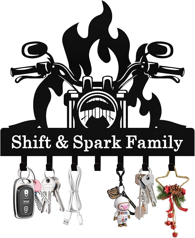Personalized Flaming Motoclycle Key Holder Wall Mount, Custom Metal Key Rack Key Holder with name, Deer Cabin Wall Keys Hanger with Hooks for Entryway, Front Door, Hallway, Kitchen, Living Room