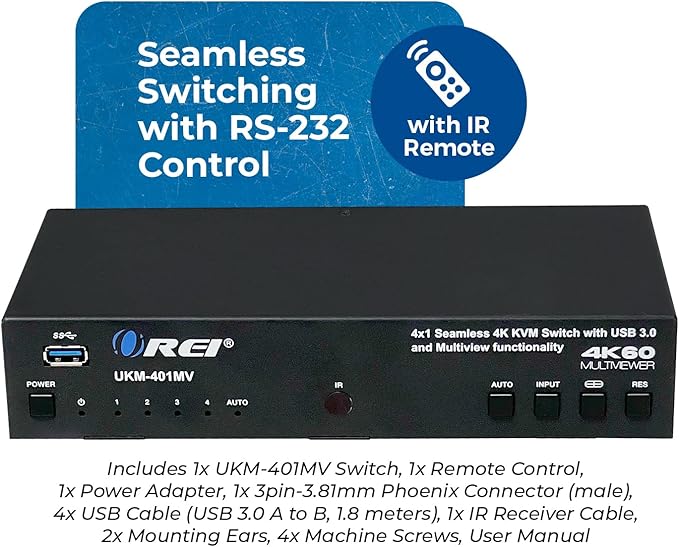 OREI 4x1 KVM HDMI Seamless Switch Multiviewer, Share Multiple Devices, PC, Computers, Phones, Gaming on One Display Monitor, Keyboard Control and USB 3.0 Peripheral Control