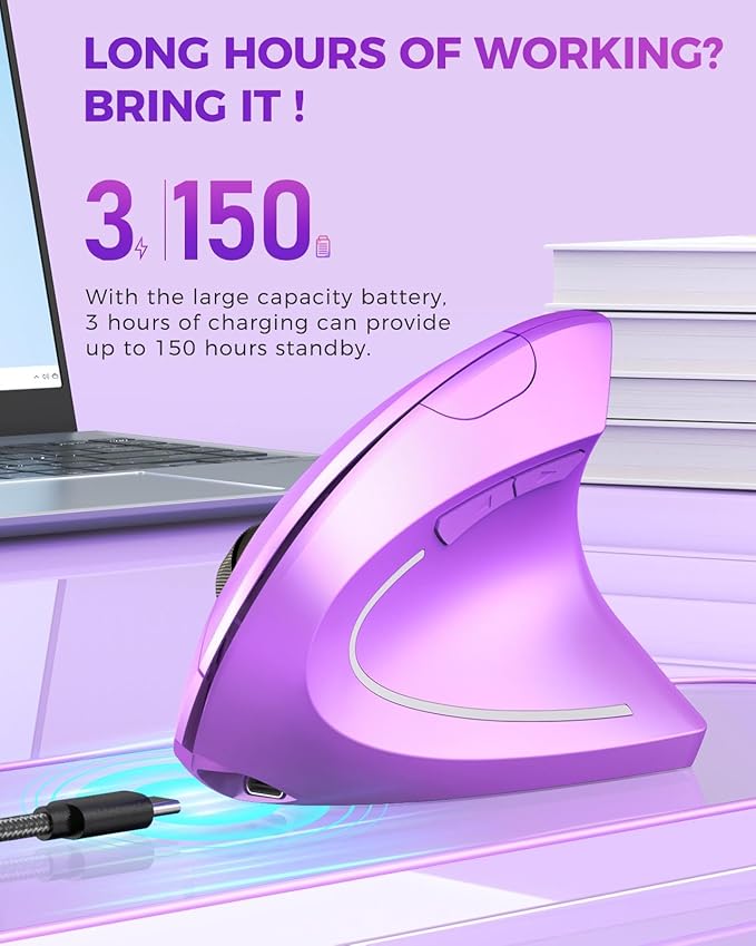 Lekvey Ergonomic Mouse, Wireless Vertical Mouse Rechargeable 2.4 GHz Optical Carpal Tunnel Mice : 800/1200 / 1600 DPI, 6 Buttons, for Laptop, PC, Computer, Desktop, Notebook etc, Purple