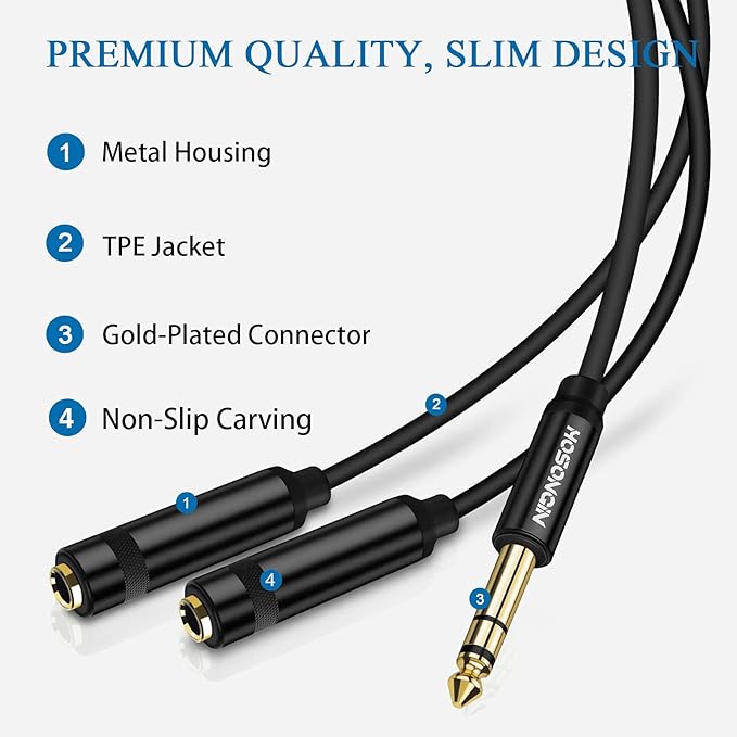 HOSONGIN 1/4" Stereo Splitter Cable (2-Pack), 1/4 Inch TRS Male to Dual TRS Female Y Adapter, Gold-Plated, Noise-Free Audio Cable for Headphones, Amplifiers, Studio, 1.6Ft (20 inch)
