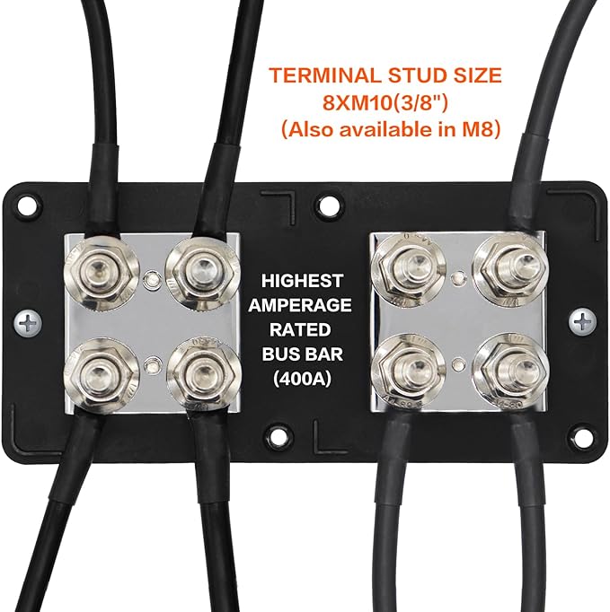 400A Bus Bar 8 M10 (3/8 inch) Terminal Studs Modular Design Tin Plated Copper Distribution Block Negative Pole Electrical Buss Bars 12-48 V DC with Cover for Trailer Marine Boat Car RV