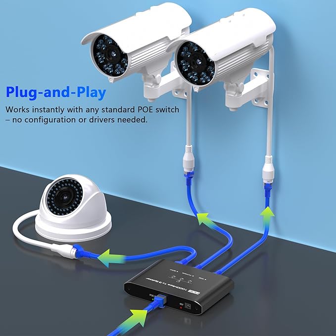 PoE Switch 1 in 3 Out, Gigabit 3 Port PoE Splitter, IEEE 802.3at/af Compliant, 30W per Port Power Over Ethernet Hub for IP Cameras/Access Points/VoIP Phones (328 Ft), Network Hub for Cat5e/6/7/8 Cable