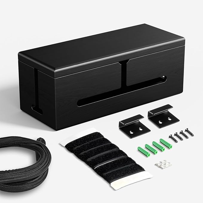 Large Cable Management Box-Stylish Wire Organizer, Wire Concealer and Wire Management Box-Wire Management Box with Protective Sleeve (Black)