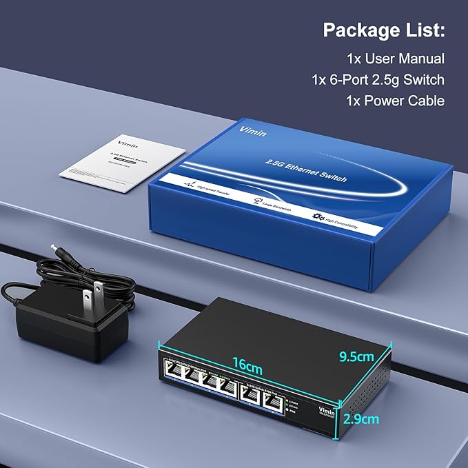 6-Port 10G/2.5G Ethernet Switch with Dual 10GBASE-T, Vimin 4X 2.5G +2 x 10Gb RJ45 Ports Unmanaged Switch, 60Gbps Capacity, 10G Switch Desktop/Wall Mount Network Switch for NAS, PC, Wireless AP