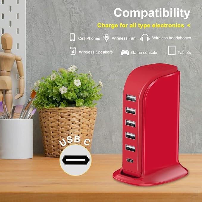 USB Phone Charger 6 Ports 40W Upoy, Type C Wall Charger Smart 6A, Charging Tower with 5ft Power Cord, USB Power Adapter Fast Charging, Smart Home Device Charging Station, iPhone/Ipad Accessories
