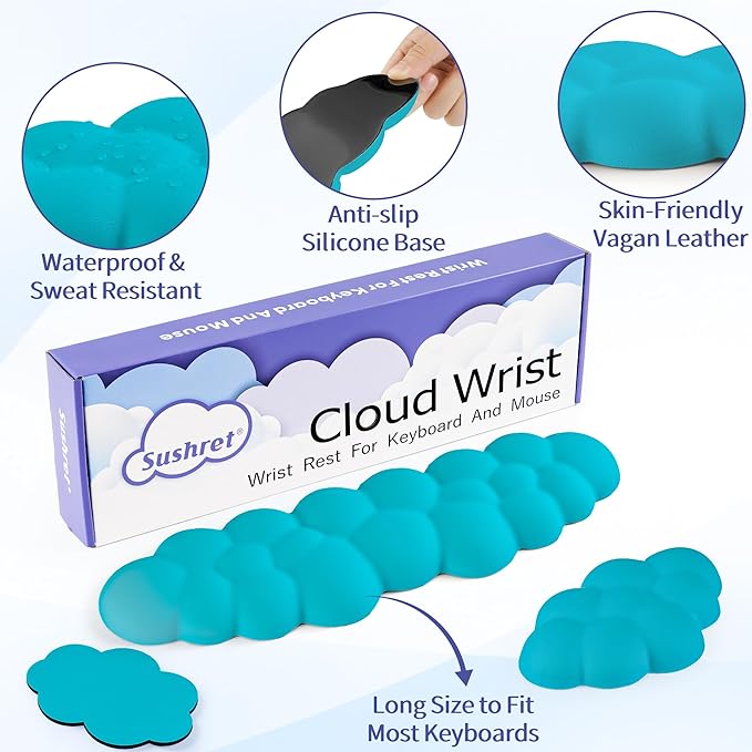 Cloud Wrist Rest Keyboard, Cloud Keyboard Wrist Pad Set with PU Leather Memory Foam, Cute Arm Rest for Palm Support, PC/Gaming Desk Accessories/Office Setup/Computer Hand Cushion - Scuba Blue