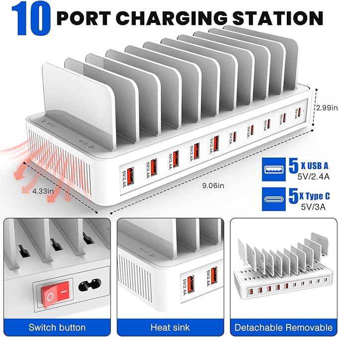 Charging Station for Multiple Devices, 100W 10 Ports Flat Plug Charging Dock with 10 Cables Smart IC Tech and Adjustable Dividers Type-C，Multi USB Charger for iPhone Galaxy iPad Tablet，White