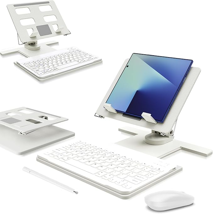 Desk Stand and Bluetooth Keyboard Combo for Samsung Galaxy Z Fold 7/6/5, 4 in 1 Set Include Mouse Pen, Adjustable Foldable Tablet Stand Holder Fits for 4.7"-13" Smartphones Tablet