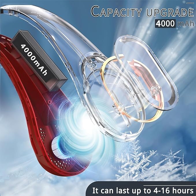 Portable Neck Fan, Bladeless Neck Fan, USB Rechargeable Personal Fan, 4000 mAh Battery Operated Fan, 3 Speeds Adjustable,Faster Cooling, Ultra Quiet, Suitable for Home, Office, Sports