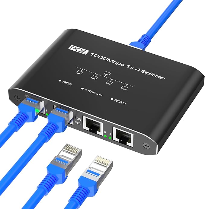 PoE Switch 1 in 4 Out, 4 Port Gigabit PoE Splitter, IEEE 802.3at/af Compliant, 30W per Port Power Over Network Hub for IP Cameras/AP/VoIP Phones (328 Ft), PoE+ Splitter for Cat5e/6/7/8 Cable