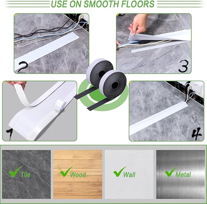 Floor Cable Covers - 10ft Oxford Fabric Cord Protector with Adhesive Hook & Loop,Waterproof Wire Storage Sleeve for Any Floor Surface,Durable Cable Management to Prevent Tripping Hazards (White, 10ft)