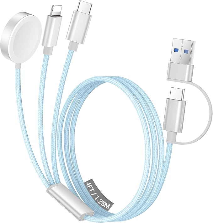 Temdan for Travel Vacation Essentials,3 in 2 USB C Cable for Apple Watch Charger/iPhone 16 Charger/Lightning,Multi Charging Cable Cord,Camping Essentials,Designed for iWatch & iPhone 16-12-4FT Blue