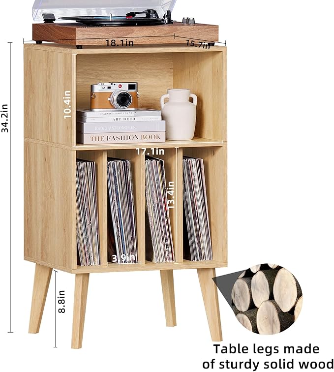Lerliuo Record Player Stand, Burlywood Turntable Stand Holds up to 160 Albums, Mid-Century Vinyl Storage Cabinet Table with Solid Wood Legs, Record Player Holder Dispaly Shelf for Bedroom Living Room