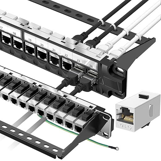 Jadaol 24 Port Shielded Patch Panel Rack or Wall Mount 19-Inch, 1U Cat6A Network Panel Preloaded with 24 Keystone Couplers Plus 1 Spare, 10Gbps Ethernet Panel with Cable Management & Back Support Bar