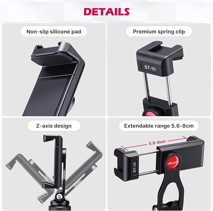 ULANZI Metal Phone Tripod Mount ST-10, Universal 360° Smartphone Adapter with 2 Cold Shoe Mount, Adjustable Cell Phone Clamp Stand Holder, Compatible with iPhone, Samsung Galaxy and All Phones