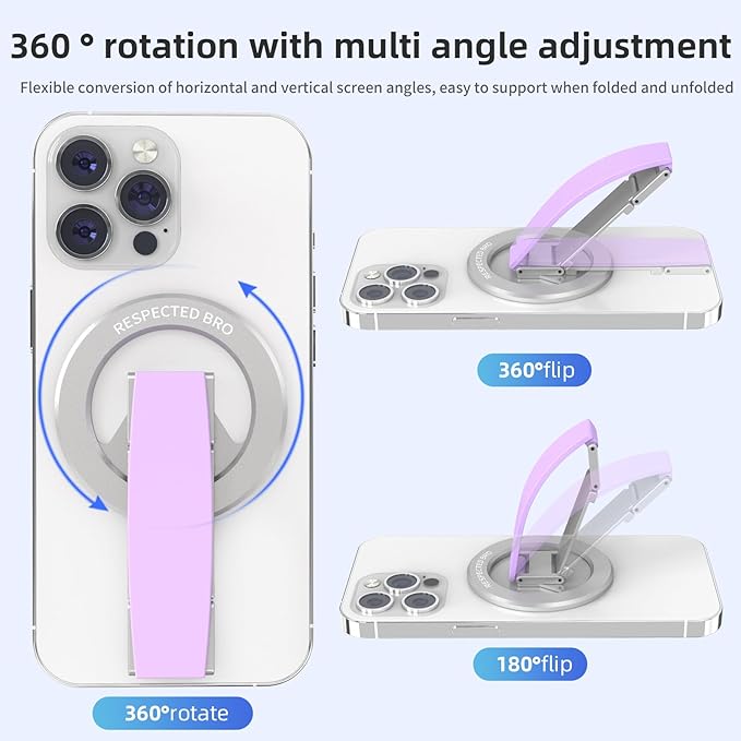 RESPECTED-BRO-Magnetic-Phone-Grip-Stand, Magnetic Phone Ring Holder Kickstand with Silicone Finger Strap, Compatibility for iPhones, Androids, and More (Purple)