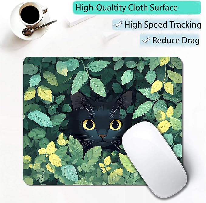Green Flowers Black Cat Custom Mouse Pad with Non-Slip Rubber, Small Square Design for Wireless Laptop & Computer Mouse Pads for Desk, 9.5 x 7.9 inch Smooth Surface for Gaming & Office