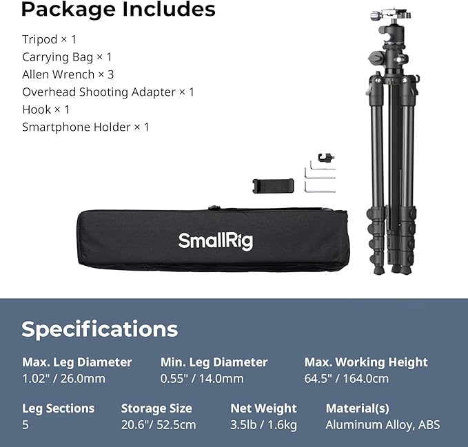 SmallRig CT25 64.5"/164cm Horizontal Overhead Tripod for Camera with Smartphone Holder & Carrying Bag, 22lb Max Load Aluminum Horizontal Camera Tripod for Overhead Shots