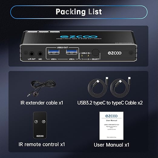 4K@120Hz USB-C HDMI2.1 KVM Switch for 2 Laptops with 2 USB 2.0 Ports L/R MIC Out Share 1 Monitors Keyboard Mouse Hard Drive Printer