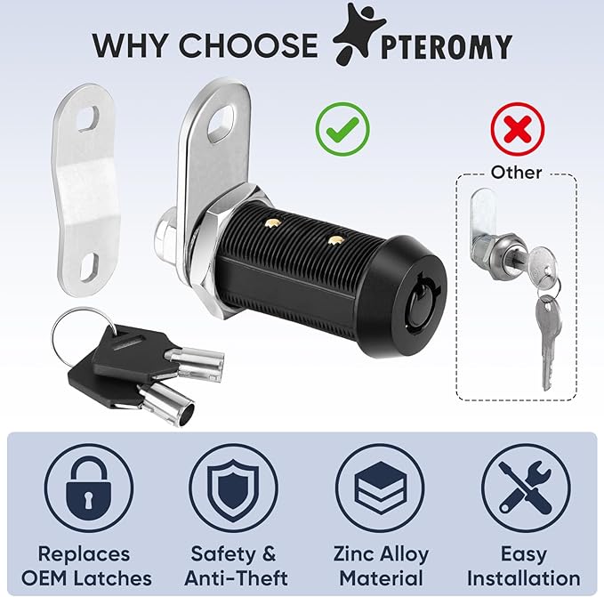 PTEROMY 2 Pack Cabinet Lock with Keys, 5/8'' Heavy Duty Tubular Cam Lock for RV Compartment Storage Locks, Full Set of RV Cam Locks (Black, 5/8'', 2 Pack)