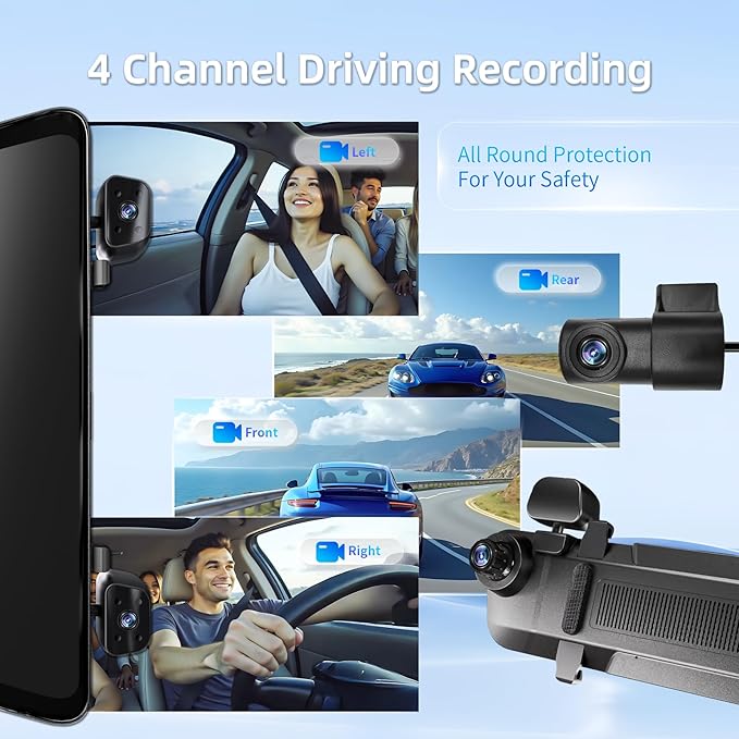 2025 Rear view Mirror Camera,4 Channel Mirror Dash Cam Front and Rear,24/7 Recording Rearview Mirror Backup Camera for Cars & Trucks,12" Touch Screen,Built-inWiFi,GPS,IR Night Vision,Free 64GB SD Card