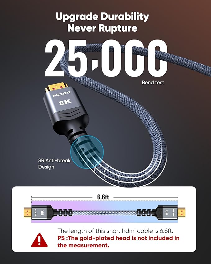Highwings 8K 10K 4K HDMI Cable 48Gbps 6.6FT/2M, Certified Ultra High Speed HDMI Cable Braided Cord-4K@120Hz 8K@60Hz, DTS:X, HDCP 2.2 & 2.3, HDR 10 Compatible with Roku TV/PS5/HDTV/Blu-ray