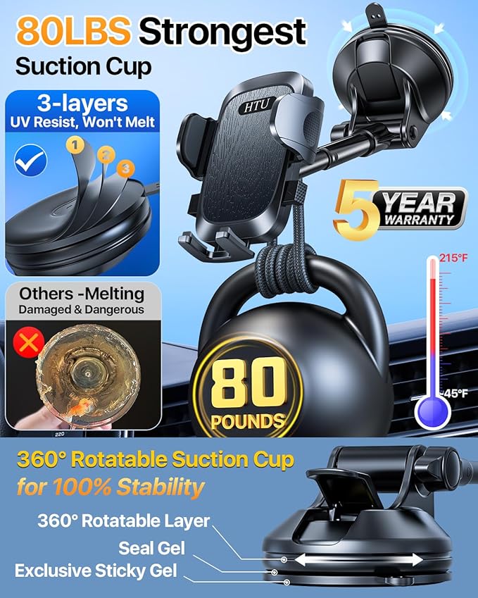 [2025 True Military-Grade] Car Phone Holder [Upgraded Strongest Suction & Clip] Cell Phone Mount for Dashboard Windshield Vent,Truck Cradle Stand for iPhone 16 Pro Max Samsung Android (Black)