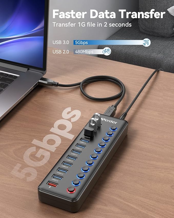 Powered USB Hub, Wenter 11-Port USB Splitter Hub (10 Faster Data Transfer Ports+ 1 Smart Charging Port) with Individual LED On/Off Switches, USB Hub 3.0 Powered with Power Adapter for Mac, PC