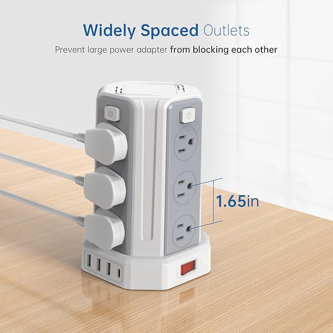 Power Strip Surge Protector, 10 Ft Extension Cord with 12 AC Multiple Outlets 4 USB (1 USB C), SMALLRT Power Tower Desktop Charging Station (White, 16.4 FT)
