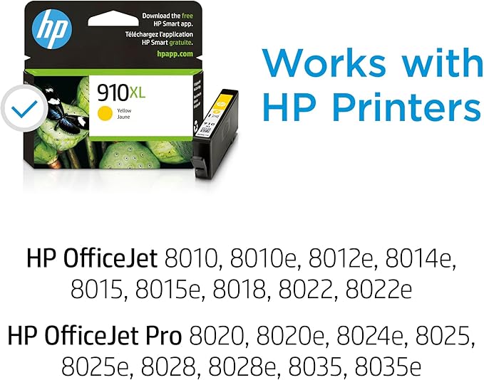 HP 910XL Yellow High-yield Ink Cartridge | Works with HP OfficeJet 8010, 8020 Series, HP OfficeJet Pro 8020, 8030 Series | Eligible for Instant Ink | 3YL64AN