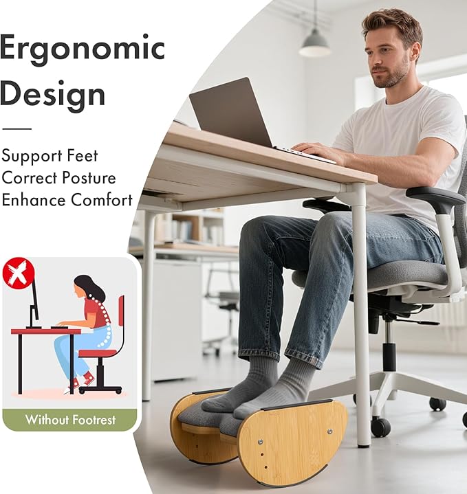 Amazer Bamboo Under Desk Footrest with Cushion 3-in-1, Reversible Ergonomic Rocking Foot Rest for Under Desk at Work, Adjustable Foot Stools with Washable Cover, Desk Leg Rest for Home Office