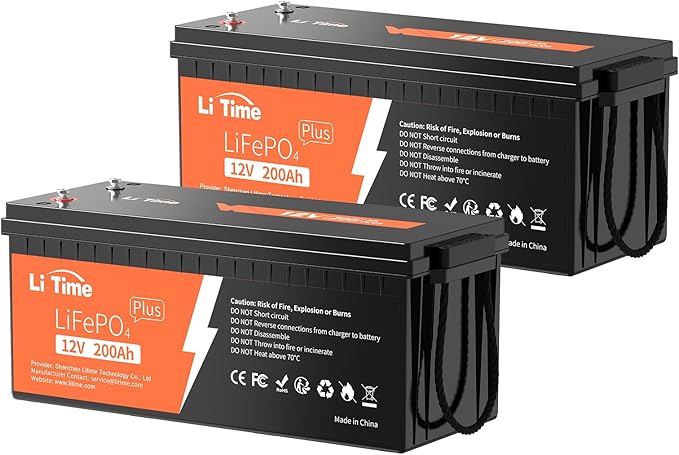 LiTime 12V 200Ah Plus Lithium LiFePO4 Battery, Built-in 200A BMS, 4000+ Deep Cycles, Max 2560W Power Output, FCC&UL Certificates, 10-Year Lifetime, Perfect for RV, Solar, Off-Grid, etc. (2 Packs)