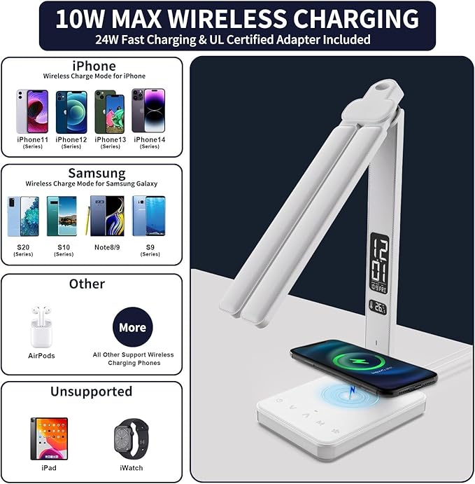 LED Desk Lamp with Charger, USB Charging Port, Dual Swing Arm Desk Light with 5 Brightness, 3 Colors, Table Lamp with Clock, Alarm, Date, Temperature, Desk Lamp for Home Office Study (White)