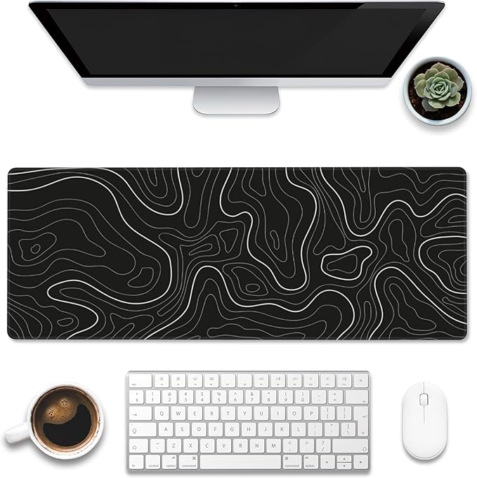 Desk Mat,Black Topographic Contour Map Desk Pad,Topographic Contour Large Gaming Mouse Pad for Desk,Extended Big Computer Keyboard Mouse Pad with Non-Slip Base and Stitched Edge,31.5"x11.8"