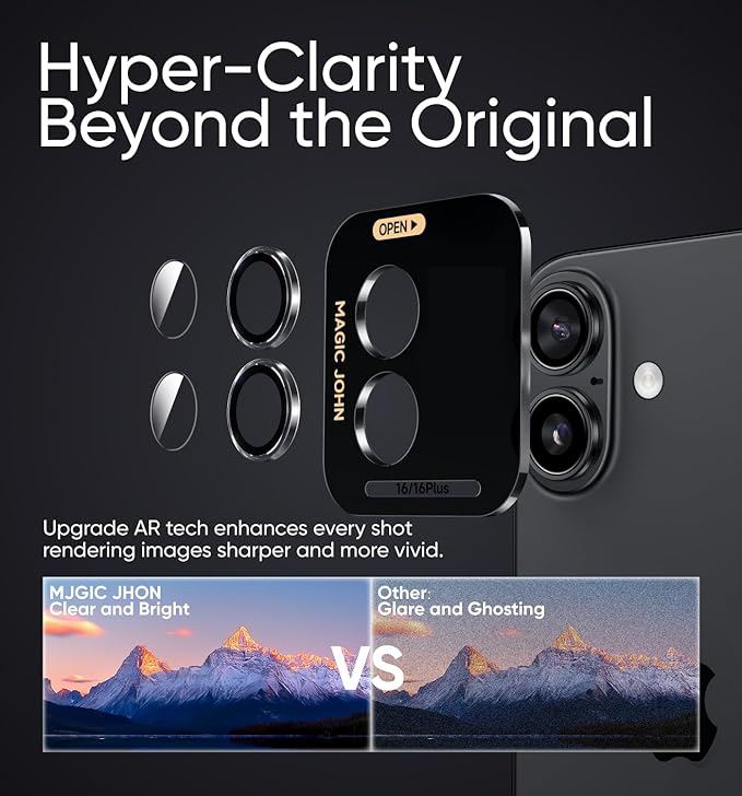 MAGIC JOHN for iPhone 16Plus/16 Camera Lens Protector [Alignment Kit&1:1 Invisible Perfect Fit] 9H Aerospace Tempered Glass Anti-Scratch Durable, Individual Cover Ring, Case Friendly, Set of 2, Clear